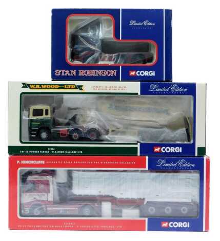 Corgi diecast comprising CC12415 Volvo FH Globetrotter bulk tipper P Hinchcliffe Haulage Limited, 74904 ERF EC powder tanker WR Wood Haulage Limited, and CC12706 ERF ECS tractor unit Stan Robinson and Stafford, boxed. (3)