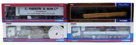 Corgi Hauliers of Renown 1:50 tractors and trailers, including CC13506 Volvo FM box trailer E Pawson and Sons, CC13219 DAF XF space cab sided crane trailer and palletised block load Tarmac PLC, CC12925 Scania Top Liner sided crane trailer with brick load 