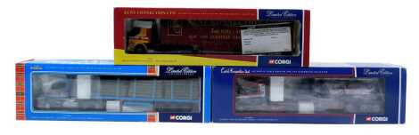 Corgi diecast tractors and trailers, including CC12807 Scania T cab Feldbinder tanker Cyril Knowles Limited, 75604 Renault Premium curtain side Kent Connection Limited, and CC12806 Scania T log trailer J&G Riddell Limited Glenkindie Aberdeenshire, boxed. 