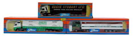 Techno 1:50 scale diecast tractors and trailers, including Eddie Stobart Seadon Atkinson cab and curtain sider, Volvo FH12 cab and curtain side trailer Road and Sea Express, and Volvo FH12 cab and refrigerated trailer HN Payne Transport Limited of Wybosto