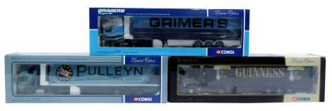 Corgi diecast limited edition tractor and trailers, including CC12005 MAN fridge trailer Pullen Transport, CC13212 DAF XF space cab curtain sider Grimers Transport, and 76403 Scania curtain side Guinness, boxed. (3)