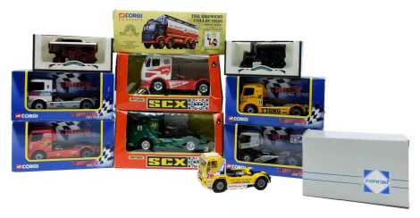 Corgi Days Gone and other diecast and slot cars, including Matchbox SCX 83650 Mercedes truck, Matchbox XCX 83640 Mercedes truck in BP livery, Corgi Truck Racing Series racing trucks, Corgi Classics 24301 Leyland tanker set Youngers, Days Gone DG125011 Bur