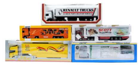 Liontoys Tematoys and other diecast tractor and trailers, including DAF 95XF tractor and trailer, Renault Trucks R365 with Renault Trucks 24 Hour Parts Delivery Service trailer, Benson and Hedges Jordon F1 transporter, etc. (5)