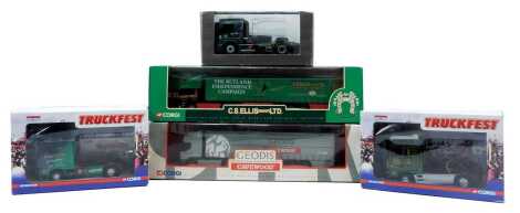 Corgi and Mercedes Benz diecast, including Corgi Truck Fest CC13223 DAF XF super space cab EA Gill and Sons, CC13232 DAF XS super cab Beamish Transport, Corgi 59557 Geodis Cavewood Renault curtain sider and 59559 CS Ellis Limited ERF curtain sider, and a 