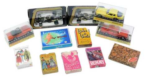 Corgi and Dinky diecast and cards, including Corgi 154 John Player Special Lotus, Dinky Aston Martin DB5, Dinky Jenson FF, Dinky Rolls Royce Silver Shadow, International Football Whist by Series, Fireman's Rummy, Happy Families of the World, The Famous Mo