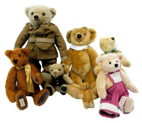 Deans Rag Book bears and others, including Deans Rag Book Company Centenary Year limited edition bear Jim, Deans Rag Book Doll number 2192 special edition bear, a Deans manufactured for Past Times Rumpole limited-edition Teddy bear, a Merrythought Lest we