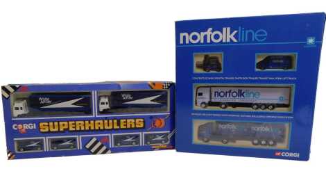 Corgi diecast, including a Corgi Super Haulers 3167 White Arrow Home Delivery gift set, and a Norfolk Line TY99143 gift set including forklift, sprinter van, refrigerated truck and container truck. (2)