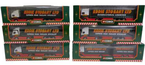 Corgi Eddie Stobart limited diecast, including 59504 Volvo curtain side trailer, 59502 ERF curtain side trailer, 59538 Renault curtain side trailer, 59566 Renault premium box trailer Eddie Stobart Deluxe, TY87010 DAF 95 cab and curtain side, and 59516 Vol