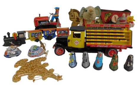 Toys, including a tinplate windup tractor, Product Enterprise Doctor Who Micro Action Collection Daleks, The Danbury Mint Collection Coke Bottling Company truck, etc. (1 tray)