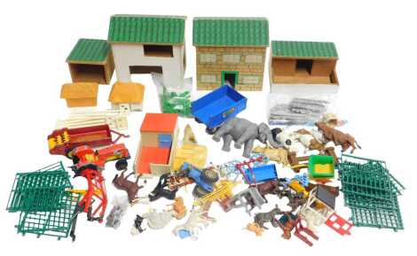 Britains and Majorette diecast and plastic farm animals and farming implements, including a Ford tractor, horses, plywood farm buildings, etc. (1 tray)