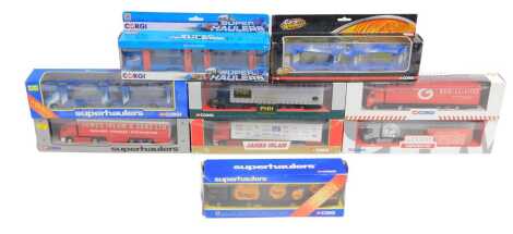 Corgi diecast tractors and trailers, including 59509 Scania curtain side James Irlam, 59557 Geodis Cavewood Renault curtain sider, 59553 Volvo curtain side Geo Logistics, CC87003 Leyland DAF 95 curtain sider James Irlam and Sons Limited, etc. (1 tray)