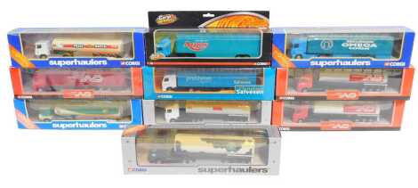 Corgi diecast tractors and trailers, including 59535 Volvo chemicals tanker Norbert Dentressangle, 59544 Scania tanker Bifa, 59512 Scania cab and curtain sider Omega Express, 59562 Volvo curtain sider Christian Salverson, TY86602 Scania cab and fuel tanke