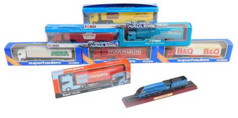 Corgi diecast tractors and trailers, including 59575 Woolworths Super Hauler, 59540 Corgi Special Edition Summerfield articulated lorry, 59569 Scania curtain sider Asda, TY86655 Hovis box truck, etc. (1 tray)