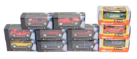 Shell Classico Collection Ferraris and Burago diecast, including Burago BMW M3 GT Cup, Ferrari 456 GT, Ferrari 456 GT, Shell Classico Collection Ferrari 1961 156 F1, Ferrari 1967 330 P4, Ferrari 1955 750 Monza, etc., boxed. (a quantity)