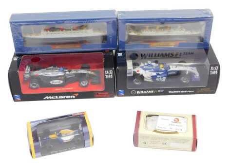 NewRay Oxford diecast and other diecast, including a NewRay 1:24 scale David Coulthard McLaren, a Williams F1 Team BMW FW 26, Atlas Editions Williams Renault FW 14B 1992, an Oxford diecast limited edition John West advertising van, etc. (1 tray)