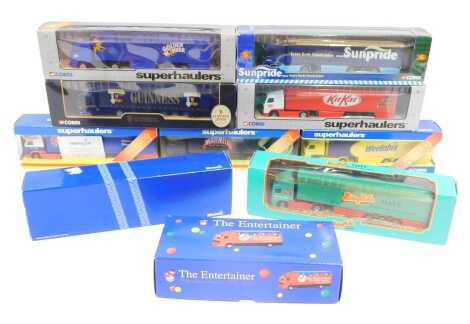 Corgi tractors and trailers, some Code 3 livery, including 59511 Volvo curtain sider Kit Kat, CC86603 Gerber Foods (Sunrpide) Scania curtain sider, 59573 ERF curtain side trailer, CP86727 Volvo curtain sides Marcrist, etc. (1 tray)