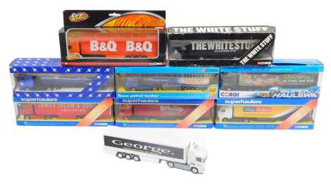 Corgi Super Haulers and other tractors and trailers, including TY86626 Scania curtain sider James Irlam, TY86721 Volvo box trailer Nisa Today, Corgi Tesco petrol tanker, Corgi TY86653 Branson Limited fridge truck Champions of Tract and Field, etc. (1 tray