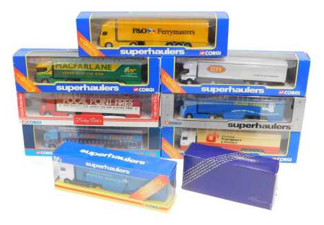 Corgi Super Haulers and other diecast tractors and trailers, including TY87012 DAF 95 curtain sider Christian Salverson, 59551 Plumb Centre Volvo articulated lorry, TY86903 Renault Premium curtain sider Citi, TY86605 Scania curtain sider McFarlen Transpor