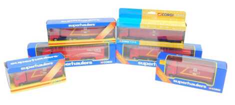 Corgi Super Haulers and other diecast trucks, tractors and trailers, including TY86643 curtain side truck Royal Mail, TY86810 ERF rigid truck Royal Mail, TY86812 ERF cab and container Royal Mail, etc. (1 tray)