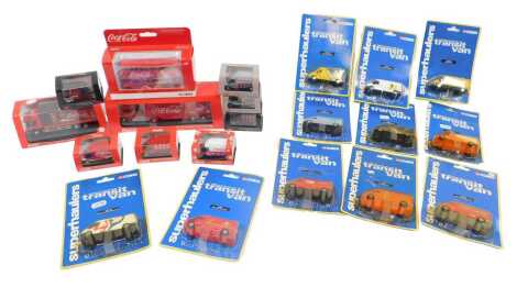 Corgi and Oxford diecast, including Super Haulers Transit vans, Oxford diecast Coca-Cola model truck range Scania 94D six wheel truck Coca-Cola, Corgi GS82331 Coca-Cola Christmas London bus, Coca-Cola Zero Ford Transit van Coke Zero, etc. (2 trays)