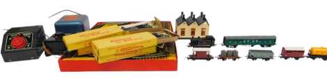 Tri-ang TT gauge train set and accessories, including Tri-ang TT gauge set including Clan Lines, 4-6-2 locomotive in BR green, three coaches, track and rolling stock including T276 container wagon with containers, 4171 pannier tank locomotive 0-6-0 in BR 