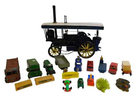 Playworn diecast, including Dinky Super Toys Foden truck, Dinky Toys van, Matchbox Series Number 35 Merryweather fire engine, Tinpo Toys truck, a model of a steam engine, etc. (1 tray)