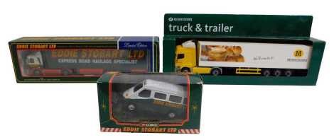 Corgi and other diecast, including an Eddie Stobart Limited 75702 MAN refrigerated box trailer, 58112 Transit van, and a Morrisons truck and trailer. (3)