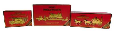 Matchbox Models of Yesteryear boxed diecast, including 1936 Leyland Cub fire engine FK7, 1820 passenger coach and horses circa 1820, a 1929 Scammell100 tonne truck, and a GER class E4 2-4-0 locomotive. (3)