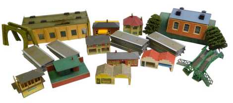 Various OO gauge kit built buildings, including tunnel portal, engine shed, trees, bridges, etc. (2 trays)