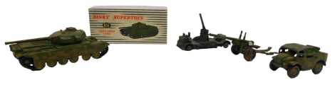 A Dinky Supertoys diecast Centurion tank, 651, boxed, together with a 5.5 medium gun, an anti-aircraft gun on trailer, and a field artillery tractor. (4)