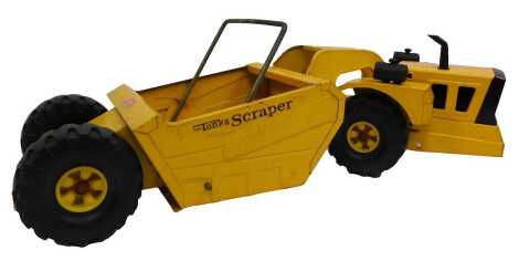 A Mighty Tonka articulated scraper in yellow.