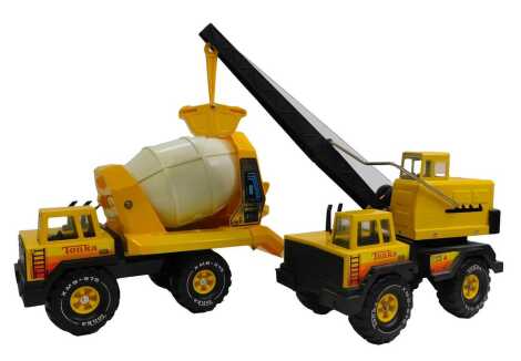 A Tonka pressed steel crane, and a Tonka pressed steel cement truck. (2)