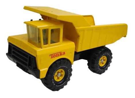 A Tonka pressed steel dump truck in yellow.