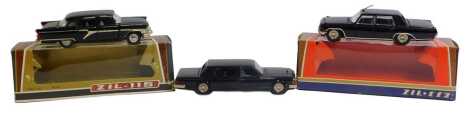 Novoexport Russian diecast, including ZIL-115 Communist Party Leaders Limousine, ZIL-117 Luxury black sedan, and another, boxed and unboxed. (3)