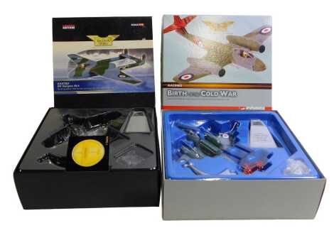 Corgi The Aviation Archive 1:72 scale diecast aircraft, comprising AA37302 DH Vampire FB9 number 28 Squadron RAF Far East Air Force Kai Tak Hong Kong late 1955, and AA35002 Gloster Meteor F.MK.8601 (Royal Auxiliary Air Force) Squadron RAF North Weld Essex