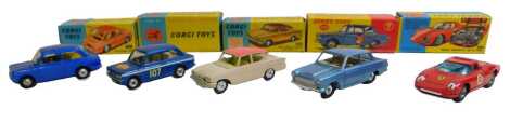 Boxed Corgi Toys diecast, including 328 Hillman Imp, 234 Ford Consul Classic 315, Corgi Toys 251 Hillman Imp, Corgi Toys 314 Ferrari Berlinetta 250 Le Mans, and a Dinky Toys 139 Ford Consul Cortina. (5)