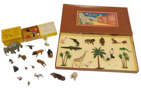 Britains and other zoo animals and scenics, including John Hill and Co zoo animals, Britains zoo Indian elephant, FG Taylor and Sons chimpanzee tea party, etc. (a quantity)