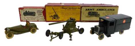 W Britain diecast vehicles, including army staff car with two officers, army ambulance with driver and wounded man on a stretcher, and a 2lb anti-aircraft gun on a mobile chassis, boxed. (3)