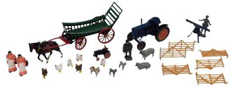 W Britain lead figures and vehicles, including a Model Home Farm Series Fordson Major tractor with rubber tyres number 128F, Britains Lilliput World Fordson tractor LV604, Britains Farm number 5018 one shepherd, two sheep, two lambs and a dog, etc. (a qua