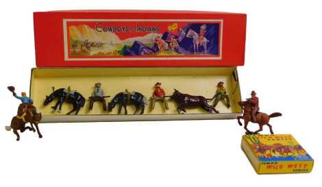 Timpo Toys Wild West Series cowboy and horse, a Crescent cowboy and horse, and John Hill Co Cowboys and Indians set, boxed. (3)