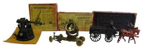 W Britain diecast, including No.1522 anti-aircraft gun, anti-aircraft units of the British Army searchlight on mobile chassis, and a Types of the British Army The Army Service Corps horses and cart. (3)