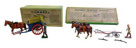 W Britain No.6F general purpose plough with two horses, and No.4F Home Farm Series Tumbrel, boxed. (2)