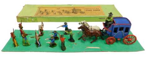 A John Hill Co miniature stagecoach with cowboys and Indians, boxed.