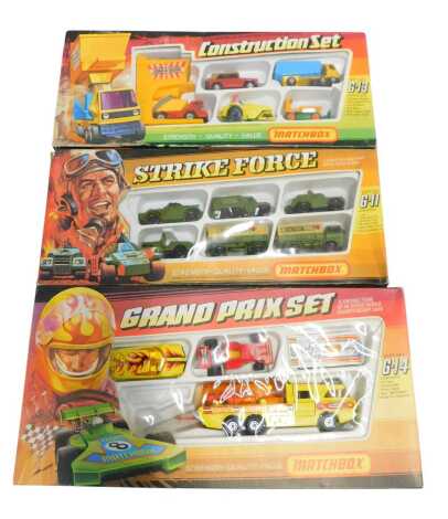 Matchbox sets, including Matchbox G13 construction set, Matchbox G11 Strike Force set, and G14 Grand Prix set, boxed. (3)