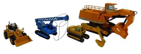 An NZG Models Ruston Bucyrus 155RH hydraulic excavator, a TCM wheel loader, a Fuchs 118 crawler crane, and a Demag D18S backhoe, boxed. (4)