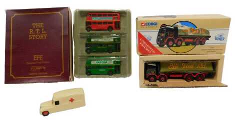 A Corgi Classics 97327 Atkinson eight wheel rigid Eddie Stobart Limited truck, an EFE Exclusive First Editions volume 3 RTL Story, and an unboxed repainted Dinky Toys Daimler ambulance. (3)