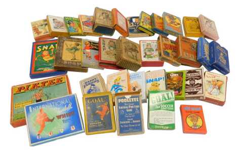 A collection of thirty eight card games, 19thC to 1960s, including Snap, Miss Fin The Fishmongers Daughter, Jaques & Sons Snap, Spier Games Snap, Pick T, Leak Championship Football Game, Peep Series International Football Whist, Goal Card Game, Poolette T