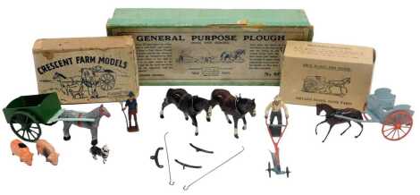 A W Britain painted lead general purpose plough, with two horses, set number 6F, boxed, together with a W Britain milk float and horse, boxed, and a Crescent Toys farmer's market wagon, set number 1210, boxed.