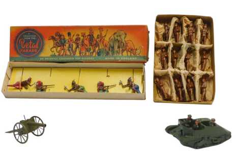 A group of painted lead soldiers and related items, comprising a W Britain Royal Artillery gun and ammunition, boxed, a Britains Bren gun carrier with crew, a Betal 1950s Native American set, boxed, together with a set of twelve painted lead soldiers in W