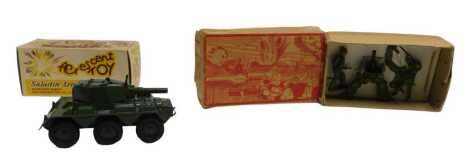 A Crescent Toys painted lead machine gun, together with two figures, boxed, a Crescent Toy Saladin armoured car, boxed, together with a painted lead fire engine, with driver and lookout man, boxed.